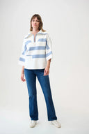 Joseph Ribkoff Ladies Winter White/Chambray Brushed Viscose Stripe Print boxy Sweater w/ Zippered Collar