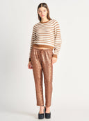 Dex Ladies Brown/White Striped Sequin Sweater