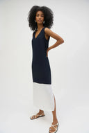 Joseph Ribkoff Ladies Midnight Blue/Vanilla Gauze Colour Block Straight Dress
