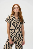 Joseph Ribkoff Ladies Beige/Black Gauze Abstract Print Cowl Neck Top