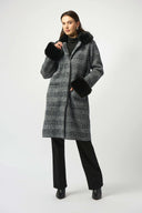 Joseph Ribkoff Ladies Black/White Feather Yarn Plaid Jacquard Coat w/Faux Fur Trim