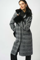 Joseph Ribkoff Ladies Black/White Feather Yarn Plaid Jacquard Coat w/Faux Fur Trim