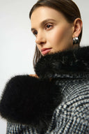 Joseph Ribkoff Ladies Black/White Feather Yarn Plaid Jacquard Coat w/Faux Fur Trim