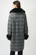 Joseph Ribkoff Ladies Black/White Feather Yarn Plaid Jacquard Coat w/Faux Fur Trim
