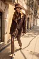 Joseph Ribkoff Ladies Beige/Black Faux Fur Leopard Print Double Breasted Coat