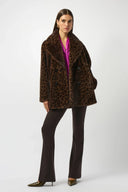 Joseph Ribkoff Ladies Beige/Black Faux Fur Leopard Print Double Breasted Coat
