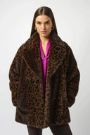 Joseph Ribkoff Ladies Beige/Black Faux Fur Leopard Print Double Breasted Coat