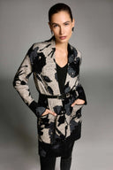 Joseph Ribkoff Ladies Champagne/Black Abstract Jacquard Sweater Knit Long Cardigan