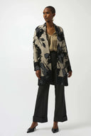 Joseph Ribkoff Ladies Champagne/Black Abstract Jacquard Sweater Knit Long Cardigan