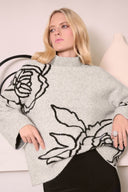 Joseph Ribkoff Ladies Oatmeal Melange/Black Sweater Knit Floral Print Pullover