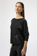 Joseph Ribkoff Ladies Black Sweater Knit Pullover w/Iron On Bow Detail