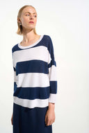 Joseph Ribkoff Ladies Vanilla/Indigo Cotton Blend Stripe Print Crewneck Sweater