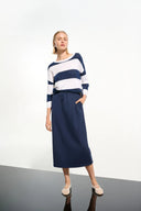 Joseph Ribkoff Ladies Vanilla/Indigo Cotton Blend Stripe Print Crewneck Sweater