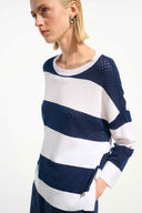 Joseph Ribkoff Ladies Vanilla/Indigo Cotton Blend Stripe Print Crewneck Sweater