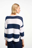 Joseph Ribkoff Ladies Vanilla/Indigo Cotton Blend Stripe Print Crewneck Sweater