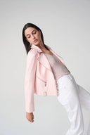 Joseph Ribkoff Ladies Foiled Faux Suede Petal Pink Fitted Jacket with Decorative Buckles