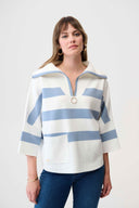 Joseph Ribkoff Ladies Winter White/Chambray Brushed Viscose Stripe Print boxy Sweater w/ Zippered Collar