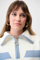 Joseph Ribkoff Ladies Winter White/Chambray Brushed Viscose Stripe Print boxy Sweater w/ Zippered Collar