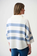 Joseph Ribkoff Ladies Winter White/Chambray Brushed Viscose Stripe Print boxy Sweater w/ Zippered Collar