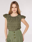 Apricot Ladies Khaki Broderie Anglaise Top