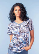 Alison Sheri Ladies Blue Abstract SS Top