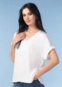 Alison Sheri Ladies White Lace Sleeve SS Top