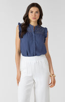 Dex Ladies Blue Lace Insert Button Front Blouse