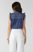 Dex Ladies Blue Lace Insert Button Front Blouse