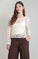 Dex Ladies LS Button Back Whitecap Grey Crochet Top