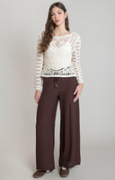 Dex Ladies LS Button Back Whitecap Grey Crochet Top