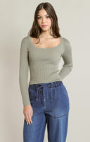Dex Ladies Light Sage Scallop Neckline Sweater Top