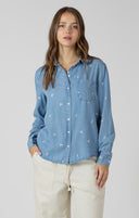 Dex Ladies Medium Blue Wash Embroidered Button Front Shirt