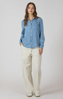 Dex Ladies Medium Blue Wash Embroidered Button Front Shirt