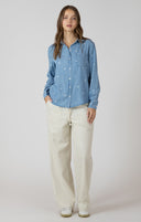 Dex Ladies Medium Blue Wash Embroidered Button Front Shirt