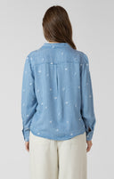 Dex Ladies Medium Blue Wash Embroidered Button Front Shirt