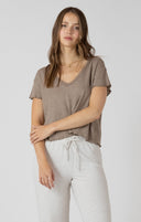 Dex Ladies Mocha Heather Lace Trimmed Waffle SS Top