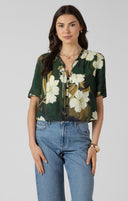Dex Ladies Palm Blosson Button Front Ruffle Trim Blouse