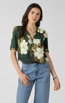 Dex Ladies Palm Blosson Button Front Ruffle Trim Blouse