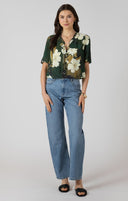 Dex Ladies Palm Blosson Button Front Ruffle Trim Blouse