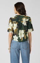 Dex Ladies Palm Blosson Button Front Ruffle Trim Blouse
