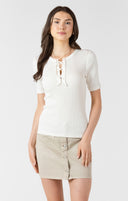 Dex Ladies Ribbed Lace up Vintage Ivory Tee