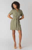 Dex/Room 34 Ladies Linen SS Belted Eyelet Hem Sage Mini Shirt Dress