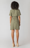 Dex/Room 34 Ladies Linen SS Belted Eyelet Hem Sage Mini Shirt Dress