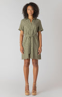 Dex/Room 34 Ladies Linen SS Belted Eyelet Hem Sage Mini Shirt Dress
