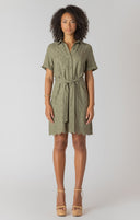 Dex/Room 34 Ladies Linen SS Belted Eyelet Hem Sage Mini Shirt Dress