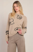 Dex/Room 34 Ladies Taupe Flower Crewneck Sweater