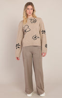 Dex/Room 34 Ladies Taupe Flower Crewneck Sweater
