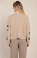 Dex/Room 34 Ladies Taupe Flower Crewneck Sweater