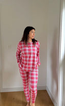 Bambi & Birdie Ladies Red Plaid Henley Jogger Set
