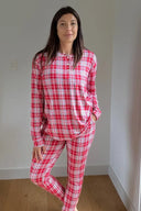 Bambi & Birdie Ladies Red Plaid Henley Jogger Set
